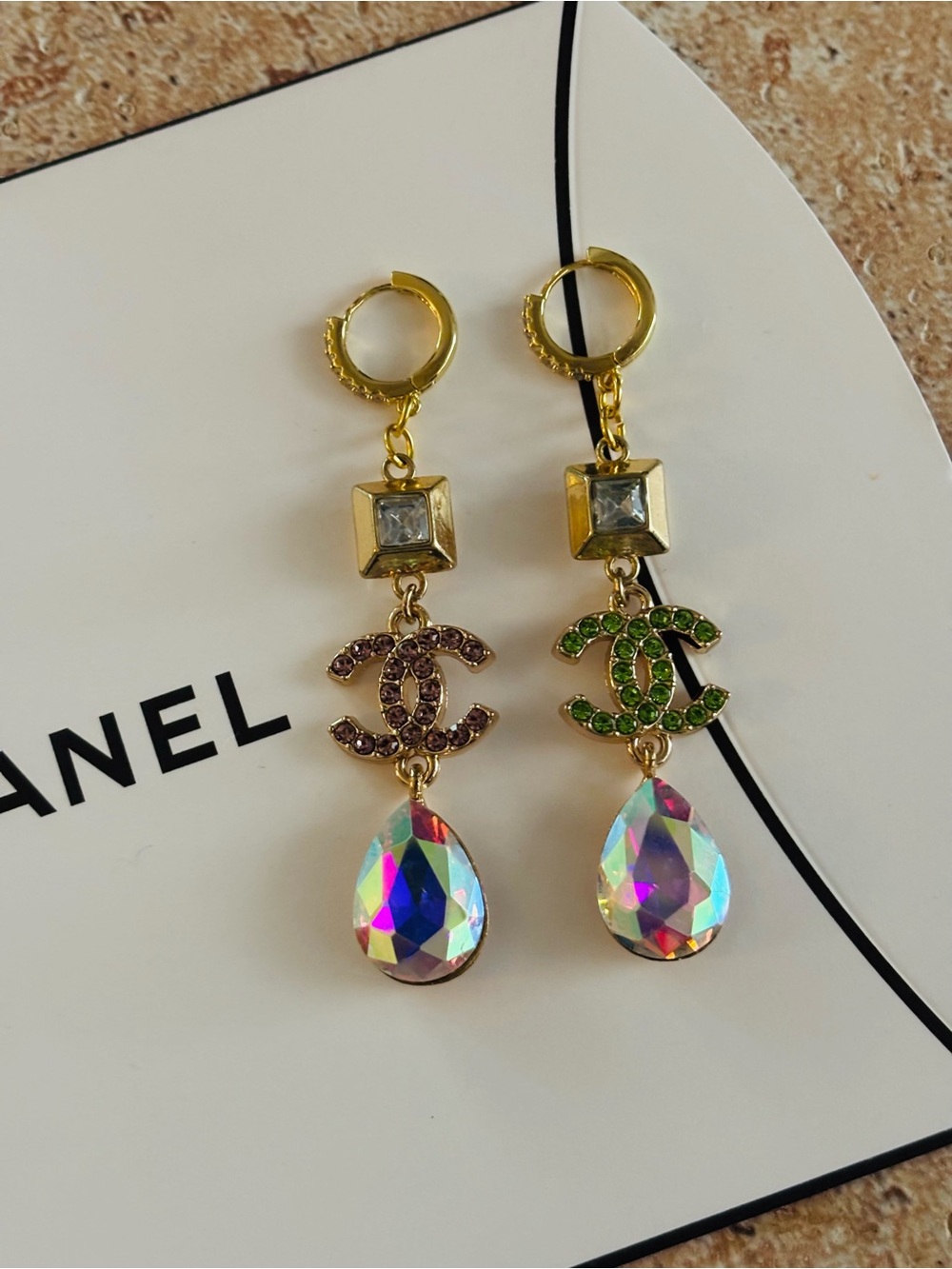 Iridescent Gold Tone Earrings with Authentic Hardware & Chanel Box - Picture 2 of 4